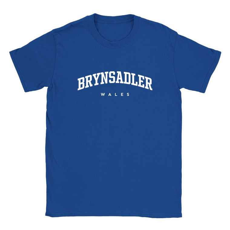 Brynsadler T Shirt which features white text centered on the chest which says the Village name Brynsadler in varsity style arched writing with Wales printed underneath.