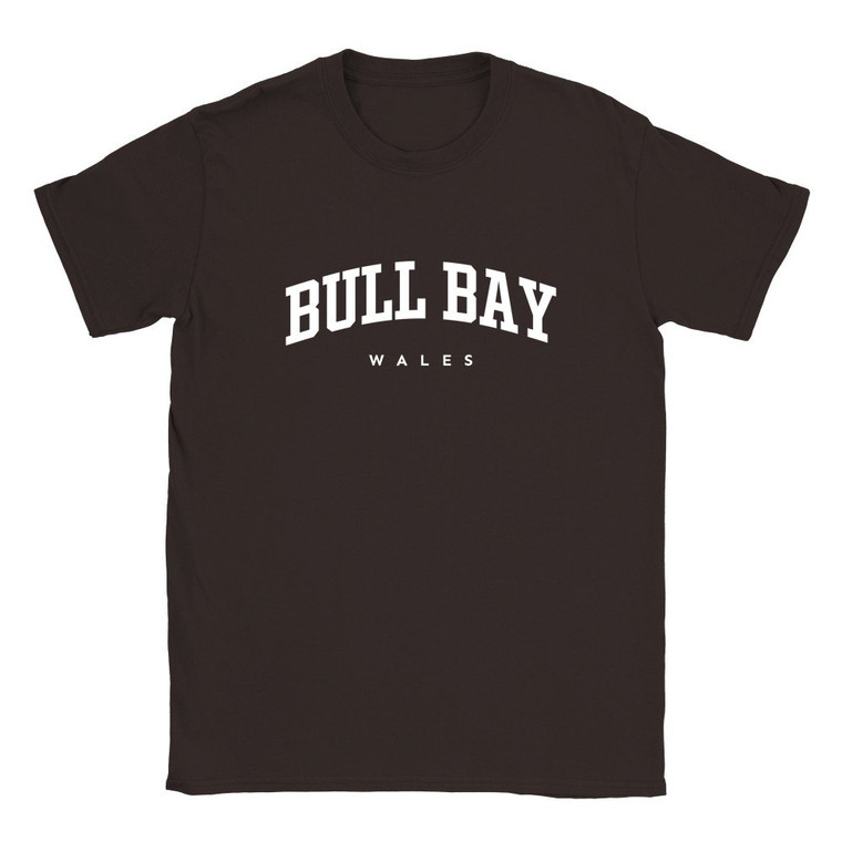 Bull Bay T Shirt which features white text centered on the chest which says the Village name Bull Bay in varsity style arched writing with Wales printed underneath.