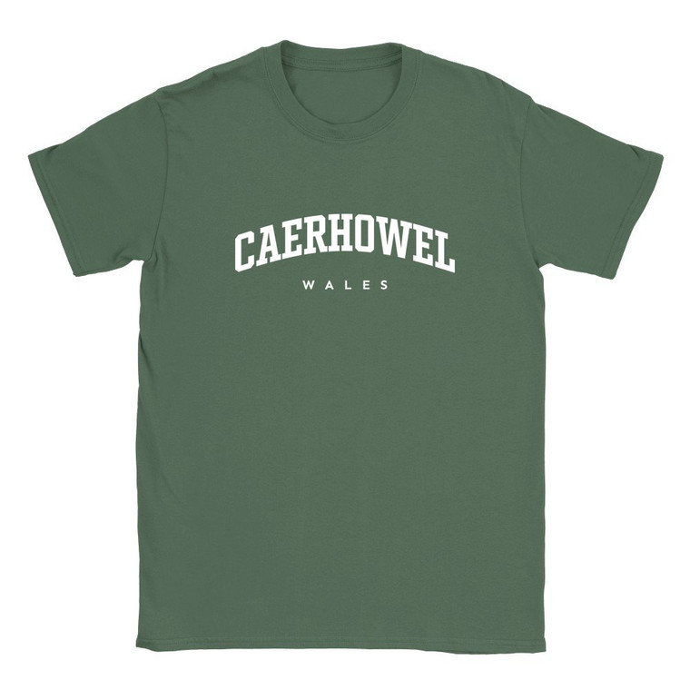 Caerhowel T Shirt which features white text centered on the chest which says the Village name Caerhowel in varsity style arched writing with Wales printed underneath.