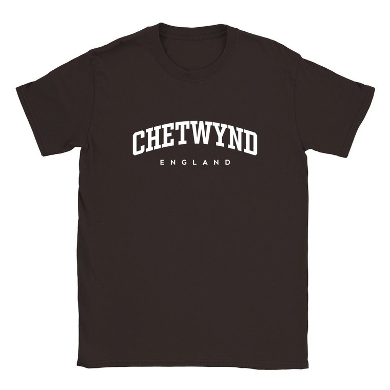 Chetwynd T Shirt which features white text centered on the chest which says the Village name Chetwynd in varsity style arched writing with England printed underneath.