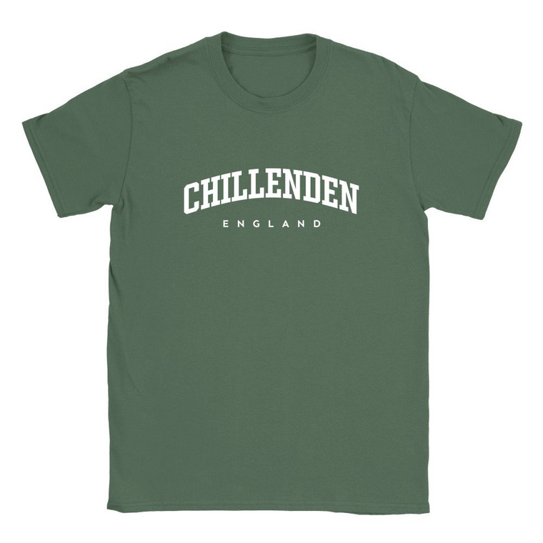 Chillenden T Shirt which features white text centered on the chest which says the Village name Chillenden in varsity style arched writing with England printed underneath.