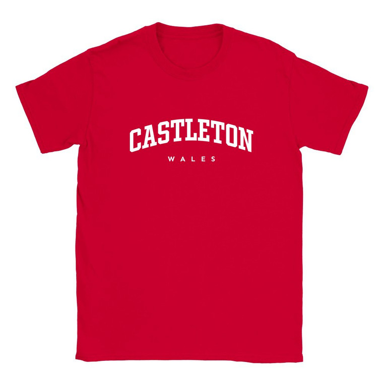 Castleton T Shirt which features white text centered on the chest which says the Village name Castleton in varsity style arched writing with Wales printed underneath.
