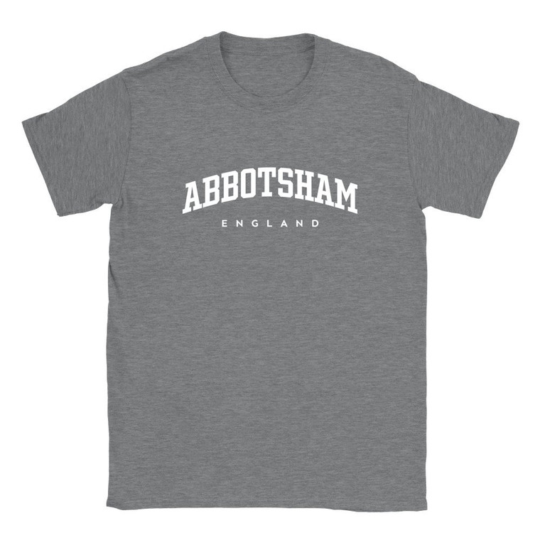 Abbotsham T Shirt which features white text centered on the chest which says the Village name Abbotsham in varsity style arched writing with England printed underneath.