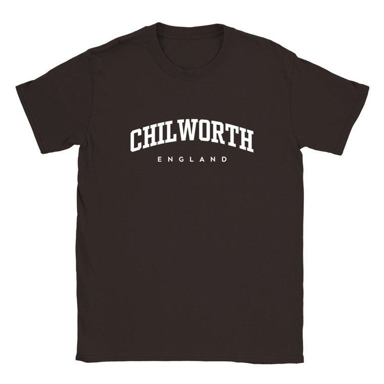 Chilworth T Shirt which features white text centered on the chest which says the Village name Chilworth in varsity style arched writing with England printed underneath.