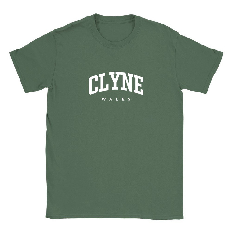 Clyne T Shirt which features white text centered on the chest which says the Village name Clyne in varsity style arched writing with Wales printed underneath.