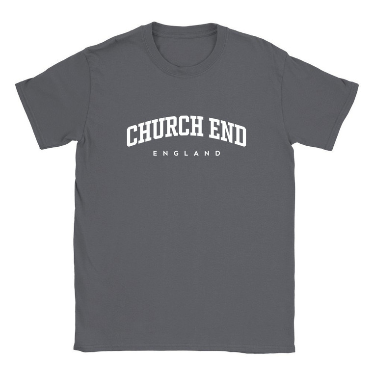 Church End T Shirt which features white text centered on the chest which says the Village name Church End in varsity style arched writing with England printed underneath.