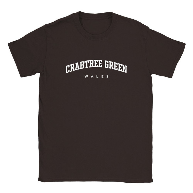 Crabtree Green T Shirt which features white text centered on the chest which says the Village name Crabtree Green in varsity style arched writing with Wales printed underneath.