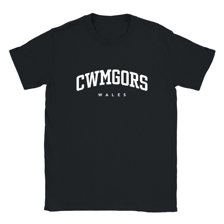 Cwmgors T Shirt which features white text centered on the chest which says the Village name Cwmgors in varsity style arched writing with Wales printed underneath.