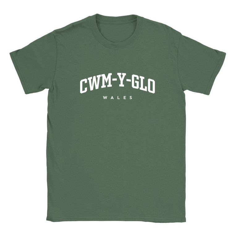 Cwm-y-glo T Shirt which features white text centered on the chest which says the Village name Cwm-y-glo in varsity style arched writing with Wales printed underneath.