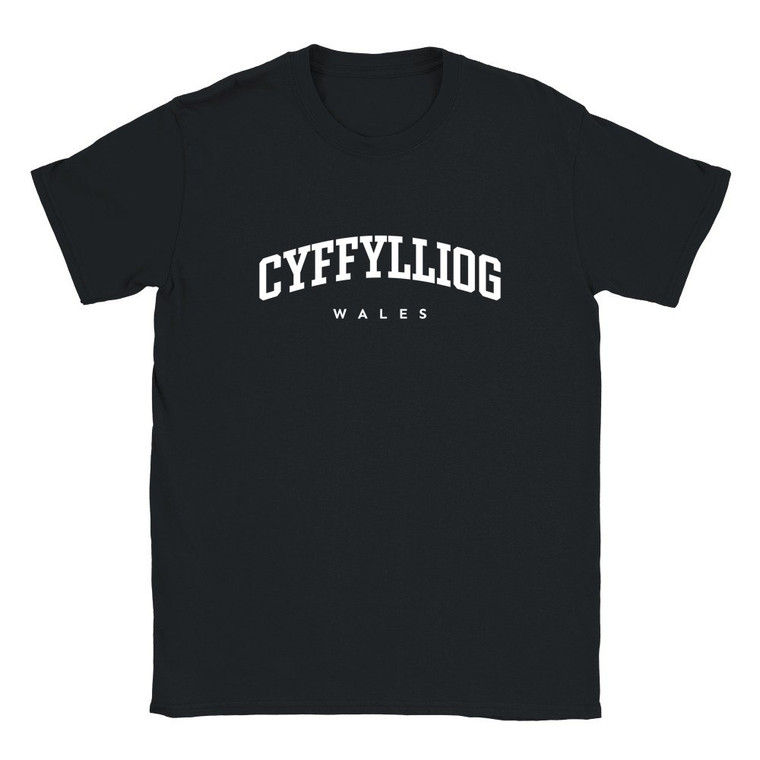 Cyffylliog T Shirt which features white text centered on the chest which says the Village name Cyffylliog in varsity style arched writing with Wales printed underneath.