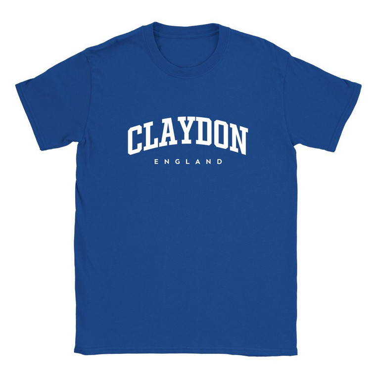 Claydon T Shirt which features white text centered on the chest which says the Village name Claydon in varsity style arched writing with England printed underneath.