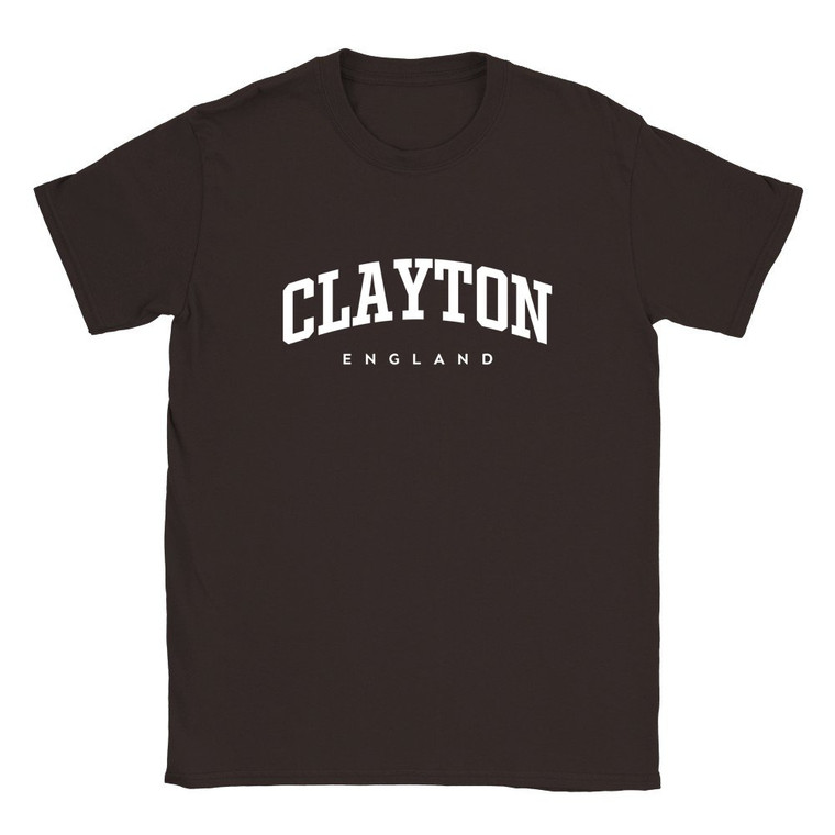 Clayton T Shirt which features white text centered on the chest which says the Village name Clayton in varsity style arched writing with England printed underneath.