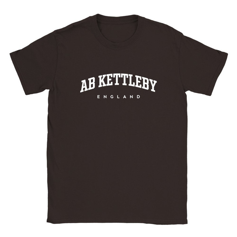 Ab Kettleby T Shirt which features white text centered on the chest which says the Village name Ab Kettleby in varsity style arched writing with England printed underneath.