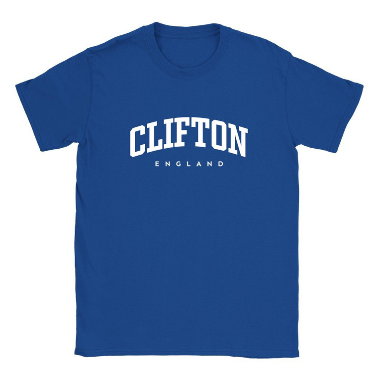 Clifton T Shirt which features white text centered on the chest which says the Village name Clifton in varsity style arched writing with England printed underneath.