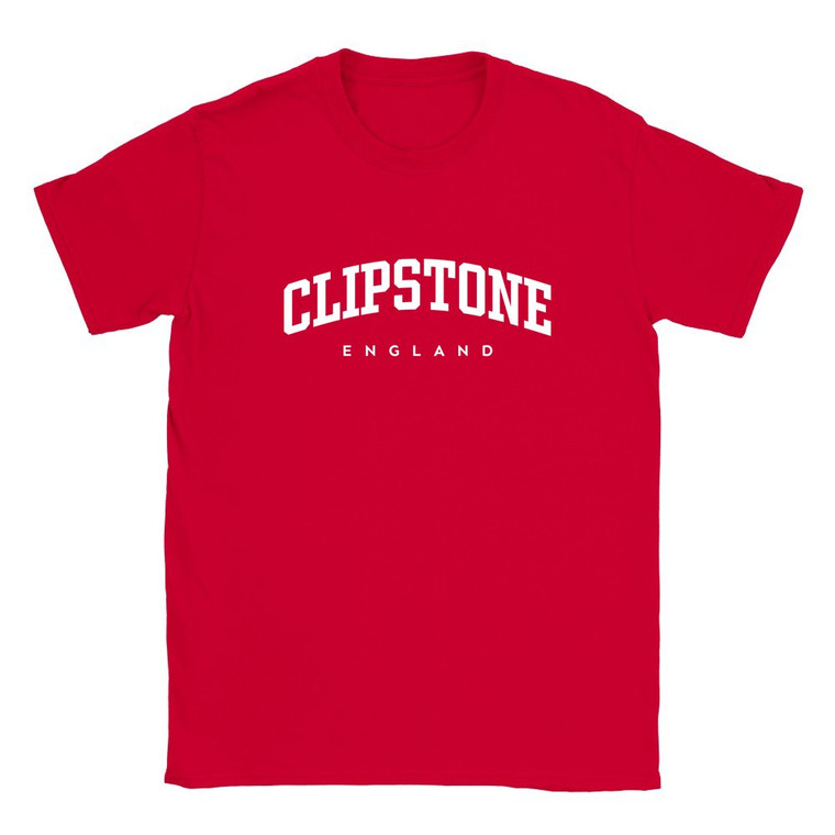 Clipstone T Shirt which features white text centered on the chest which says the Village name Clipstone in varsity style arched writing with England printed underneath.