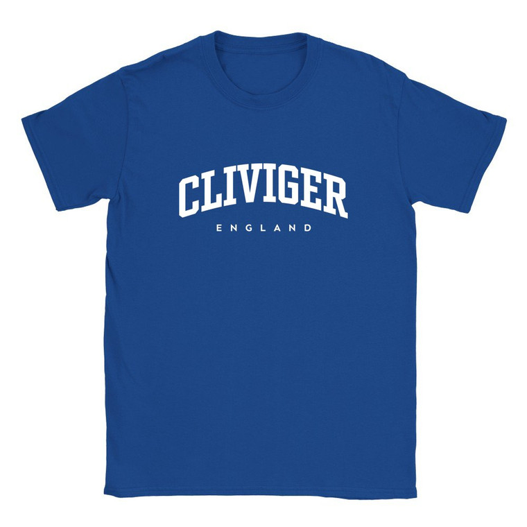 Cliviger T Shirt which features white text centered on the chest which says the Village name Cliviger in varsity style arched writing with England printed underneath.