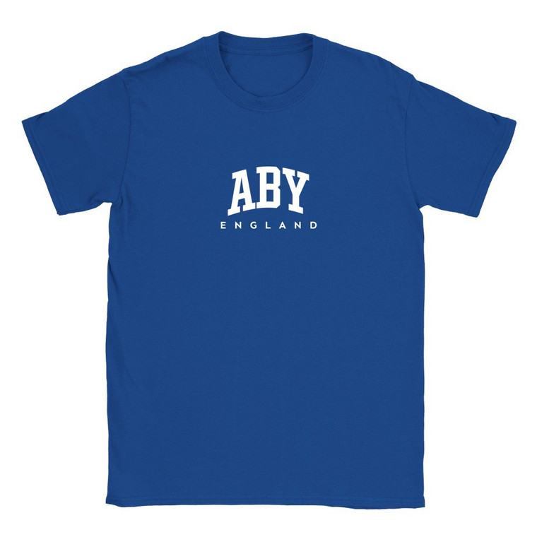 Aby T Shirt which features white text centered on the chest which says the Village name Aby in varsity style arched writing with England printed underneath.