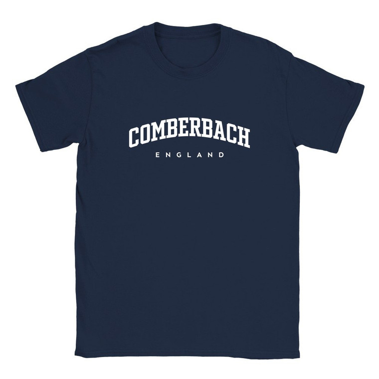 Comberbach T Shirt which features white text centered on the chest which says the Village name Comberbach in varsity style arched writing with England printed underneath.