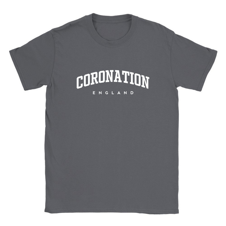 Coronation T Shirt which features white text centered on the chest which says the Village name Coronation in varsity style arched writing with England printed underneath.