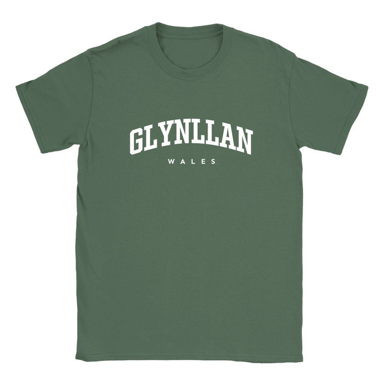 Glynllan T Shirt which features white text centered on the chest which says the Village name Glynllan in varsity style arched writing with Wales printed underneath.