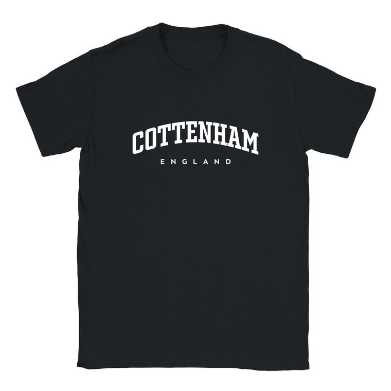 Cottenham T Shirt which features white text centered on the chest which says the Village name Cottenham in varsity style arched writing with England printed underneath.