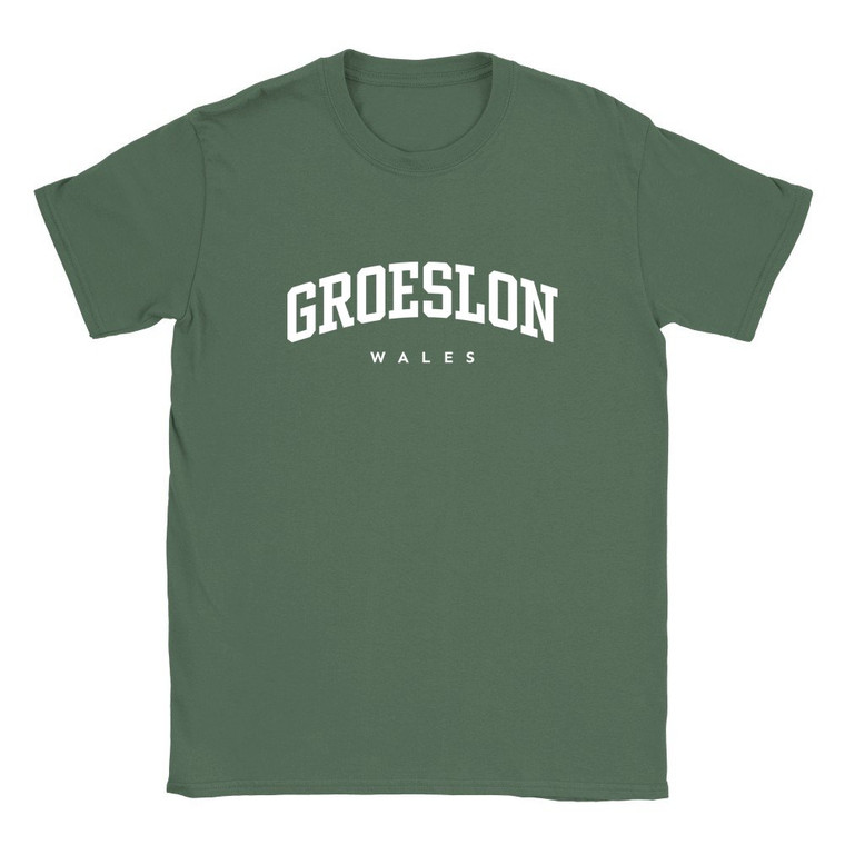 Groeslon T Shirt which features white text centered on the chest which says the Village name Groeslon in varsity style arched writing with Wales printed underneath.