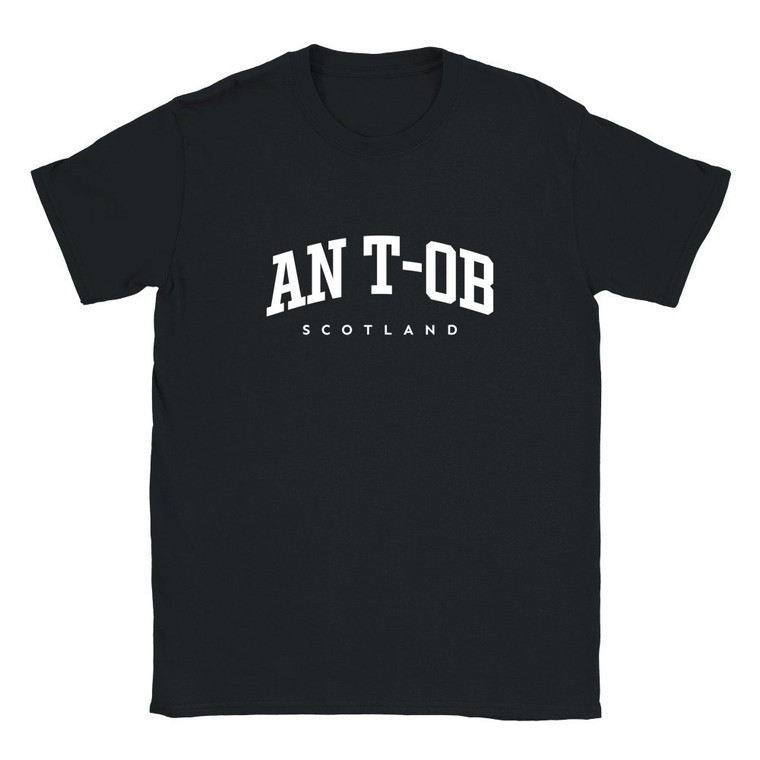 An t-Ob T Shirt which features white text centered on the chest which says the Village name An t-Ob in varsity style arched writing with Scotland printed underneath.