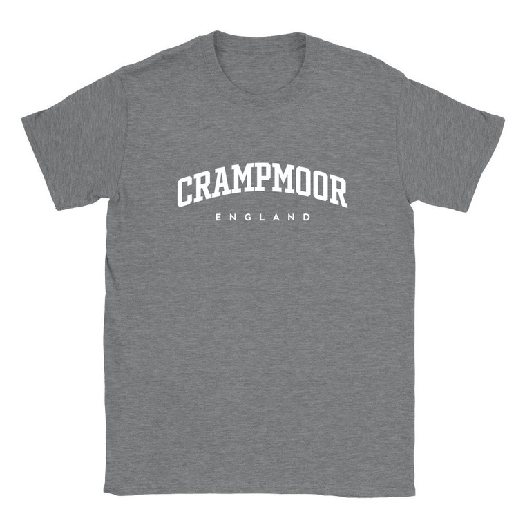 Crampmoor T Shirt which features white text centered on the chest which says the Village name Crampmoor in varsity style arched writing with England printed underneath.