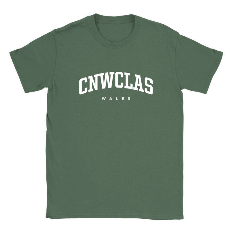 Cnwclas T Shirt which features white text centered on the chest which says the Village name Cnwclas in varsity style arched writing with Wales printed underneath.