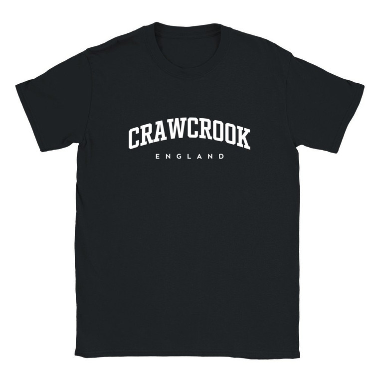 Crawcrook T Shirt which features white text centered on the chest which says the Village name Crawcrook in varsity style arched writing with England printed underneath.