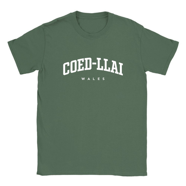 Coed-Llai T Shirt which features white text centered on the chest which says the Village name Coed-Llai in varsity style arched writing with Wales printed underneath.
