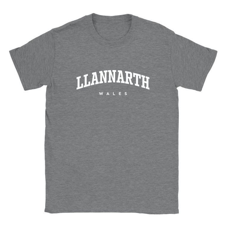 Llannarth T Shirt which features white text centered on the chest which says the Village name Llannarth in varsity style arched writing with Wales printed underneath.