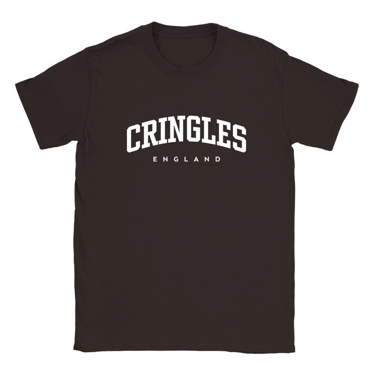 Cringles T Shirt which features white text centered on the chest which says the Village name Cringles in varsity style arched writing with England printed underneath.