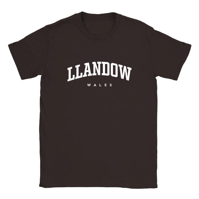 Llandow T Shirt which features white text centered on the chest which says the Village name Llandow in varsity style arched writing with Wales printed underneath.