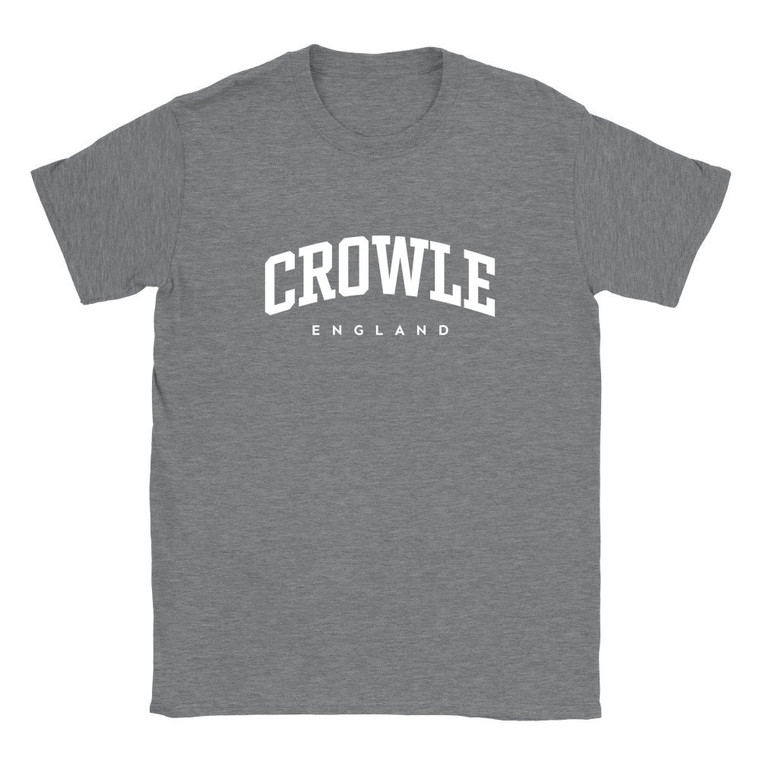 Crowle T Shirt which features white text centered on the chest which says the Village name Crowle in varsity style arched writing with England printed underneath.