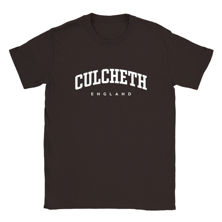 Culcheth T Shirt which features white text centered on the chest which says the Village name Culcheth in varsity style arched writing with England printed underneath.
