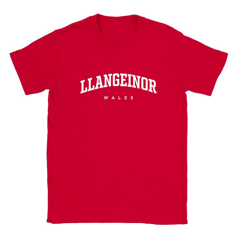 Llangeinor T Shirt which features white text centered on the chest which says the Village name Llangeinor in varsity style arched writing with Wales printed underneath.