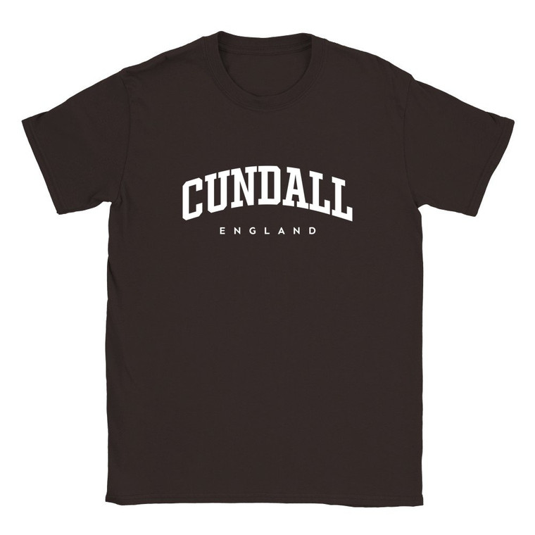 Cundall T Shirt which features white text centered on the chest which says the Village name Cundall in varsity style arched writing with England printed underneath.