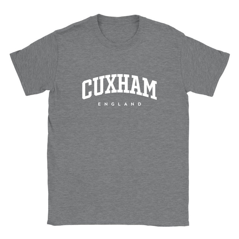 Cuxham T Shirt which features white text centered on the chest which says the Village name Cuxham in varsity style arched writing with England printed underneath.