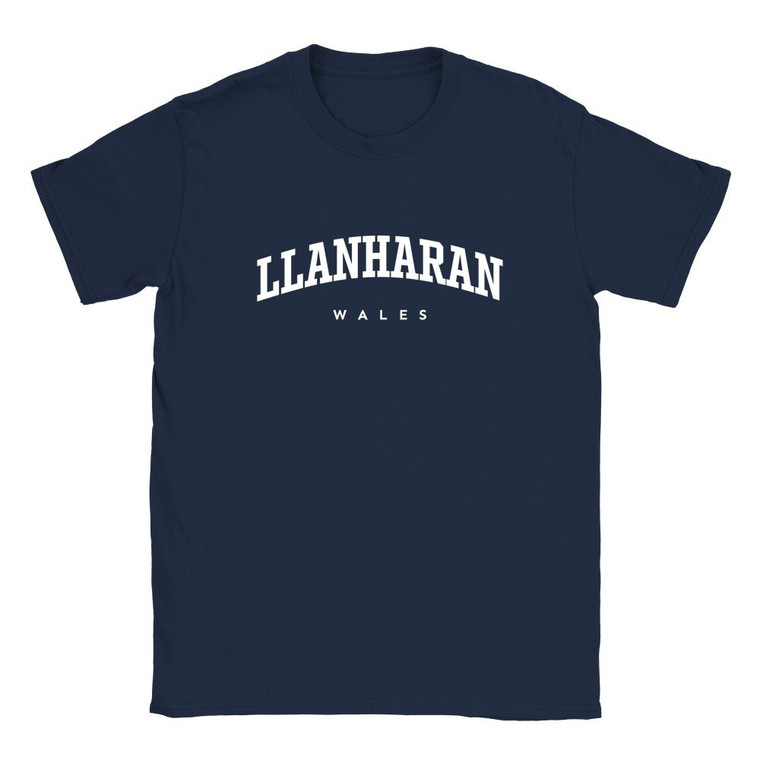 Llanharan T Shirt which features white text centered on the chest which says the Village name Llanharan in varsity style arched writing with Wales printed underneath.