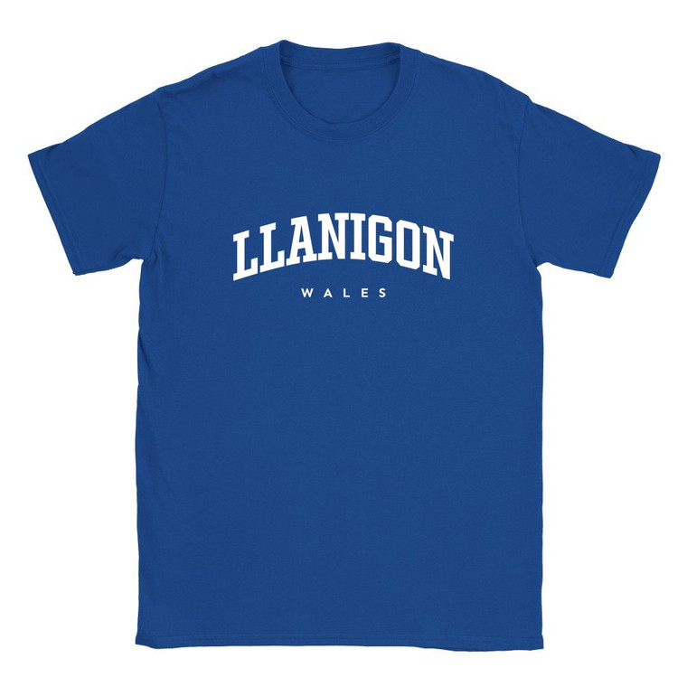 Llanigon T Shirt which features white text centered on the chest which says the Village name Llanigon in varsity style arched writing with Wales printed underneath.