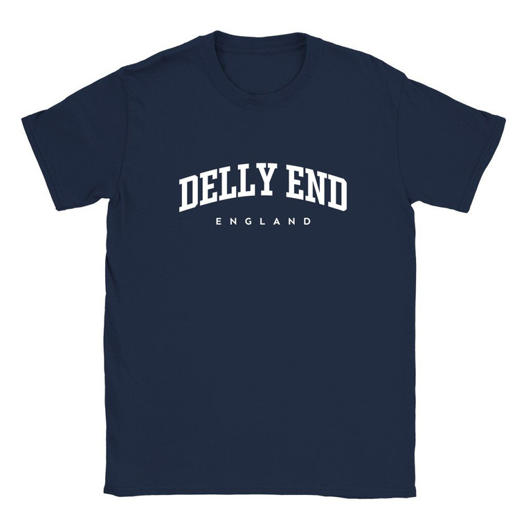 Delly End T Shirt which features white text centered on the chest which says the Village name Delly End in varsity style arched writing with England printed underneath.