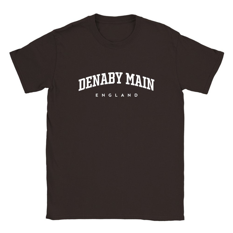 Denaby Main T Shirt which features white text centered on the chest which says the Village name Denaby Main in varsity style arched writing with England printed underneath.