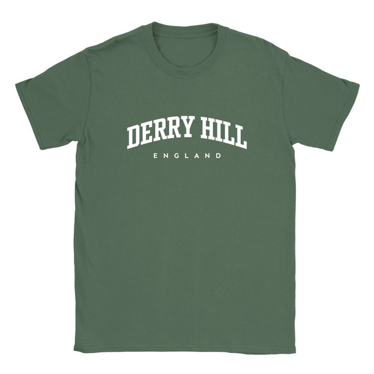 Derry Hill T Shirt which features white text centered on the chest which says the Village name Derry Hill in varsity style arched writing with England printed underneath.