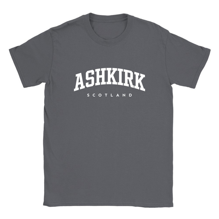 Ashkirk T Shirt which features white text centered on the chest which says the Village name Ashkirk in varsity style arched writing with Scotland printed underneath.