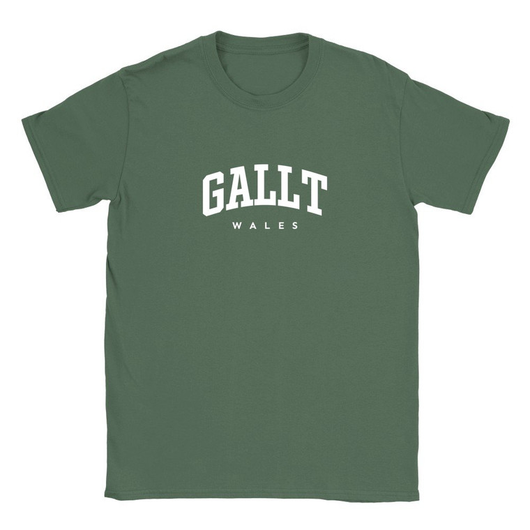 Gallt T Shirt which features white text centered on the chest which says the Village name Gallt in varsity style arched writing with Wales printed underneath.