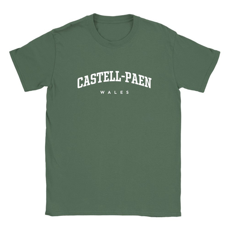 Castell-paen T Shirt which features white text centered on the chest which says the Village name Castell-paen in varsity style arched writing with Wales printed underneath.