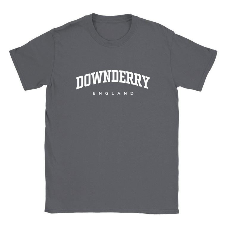 Downderry T Shirt which features white text centered on the chest which says the Village name Downderry in varsity style arched writing with England printed underneath.