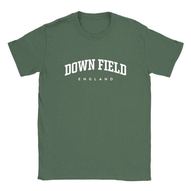 Down Field T Shirt which features white text centered on the chest which says the Village name Down Field in varsity style arched writing with England printed underneath.