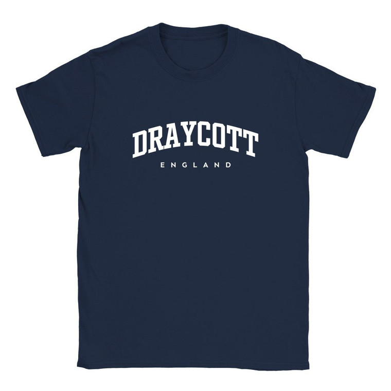Draycott T Shirt which features white text centered on the chest which says the Village name Draycott in varsity style arched writing with England printed underneath.